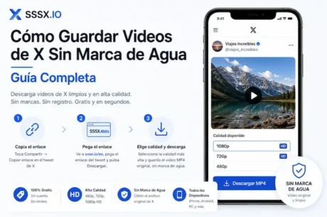 Infografía de SSSX.IO con un celular, un video de X y tres pasos para descargarlo sin marca de agua.
