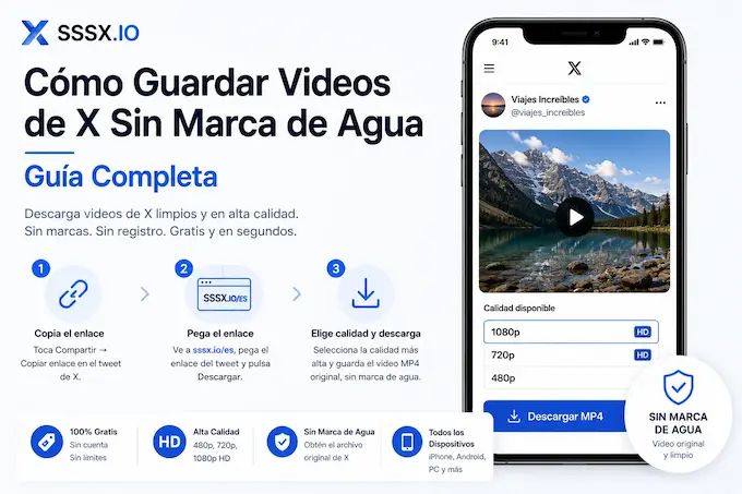 Infografía de SSSX.IO con un celular, un video de X y tres pasos para descargarlo sin marca de agua.