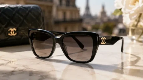 Gafas de sol Chanel negras sobre mármol, con estuche acolchado y la Torre Eiffel desenfocada al fondo