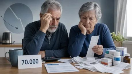 Pareja de jubilados revisa recibos y gastos médicos junto a una tarjeta con el monto de $70.000