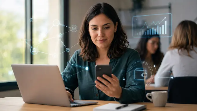 Mujer usa una notebook y un celular con gráficos y conexiones digitales superpuestos.