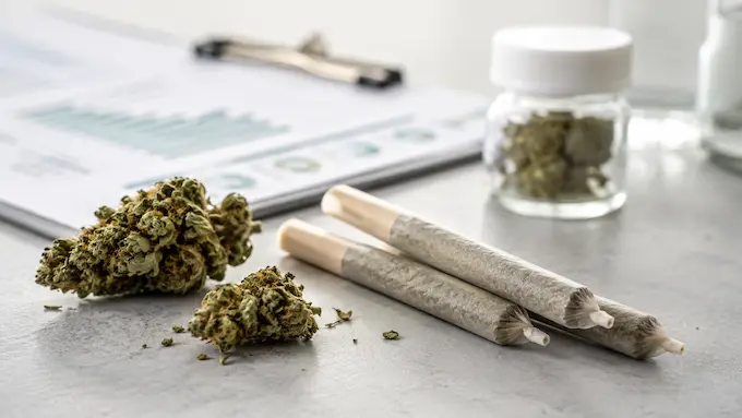 Tres pre-rolls de CBD junto a flores de cáñamo, un frasco y una planilla de análisis desenfocada