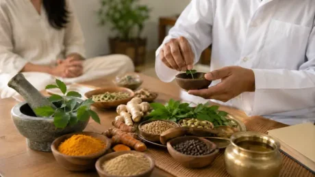 Profesional prepara hierbas y especias ayurvédicas junto a cúrcuma, jengibre, aceites y un mortero.